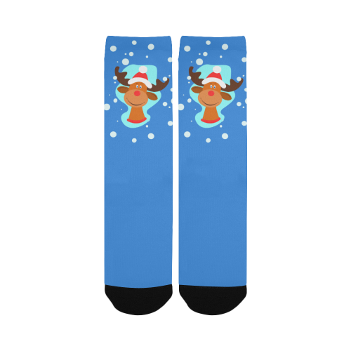 Funny Christmas Reindeer on Blue Custom Socks for Women