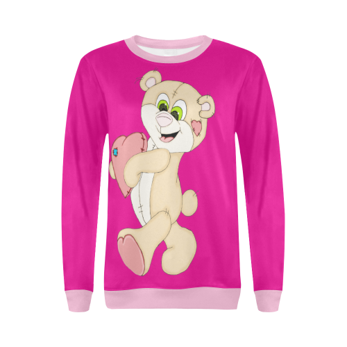 Patchwork Heart Teddy Hot Pink/Pink All Over Print Crewneck Sweatshirt for Women (Model H18)