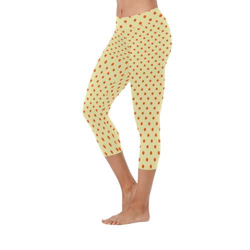 Tangerine Orange Polka Dots on Yellow Women's Low Rise Capri Leggings (Invisible Stitch) (Model L08)