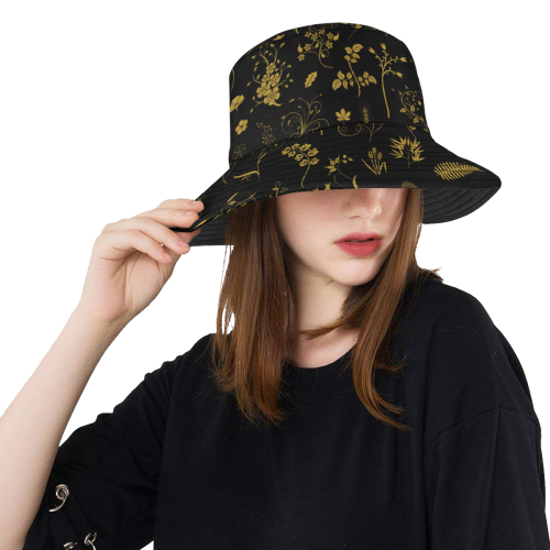 Ethno Floral Elements Pattern Gold 2 All Over Print Bucket Hat