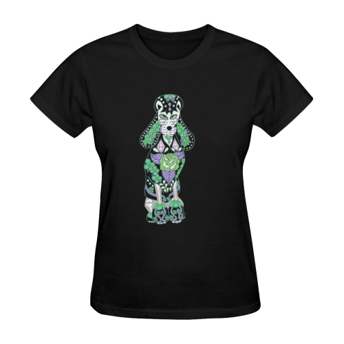Sugar Skull Poodle Green Black Women's T-Shirt in USA Size (Two Sides Printing)