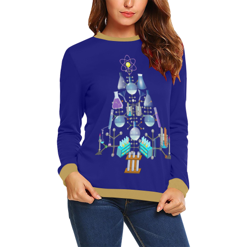 Oh Chemist Tree, Oh Chemistry, Science Christmas Blue and Gold All Over Print Crewneck Sweatshirt for Women (Model H18)