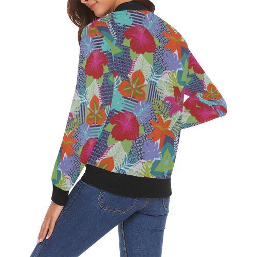Geometric Shapes Tropical Flowers Pattern 2 All Over Print Bomber Jacket for Women (Model H19)