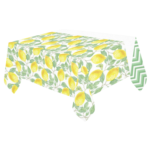 Lemons With Chevron Cotton Linen Tablecloth 52"x 70"