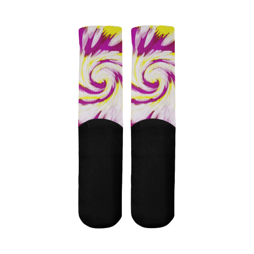 Pink Yellow Tie Dye Swirl Abstract Mid-Calf Socks (Black Sole)