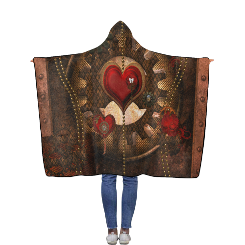 Steampunk, awesome herats with clocks and gears Flannel Hooded Blanket 50''x60''