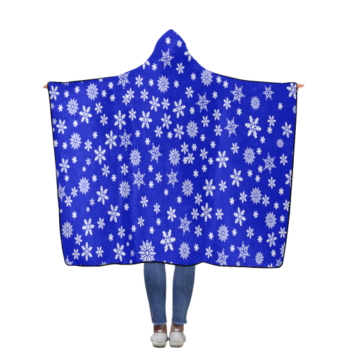 Christmas White Snowflakes on Blue Flannel Hooded Blanket 56''x80''