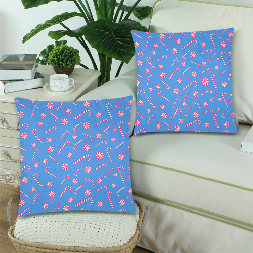 Candy CANE CHRISTMAS BLUE Custom Zippered Pillow Cases 18"x 18" (Twin Sides) (Set of 2)