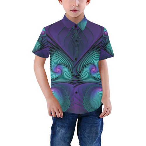 Purple Meets Turquoise Modern Abstract Fractal Art Boys' All Over Print Short Sleeve Shirt (Model T59)