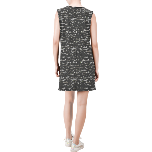 Black Abstract Cherry Blossom Sleeveless Round Neck Shift Dress (Model D51)