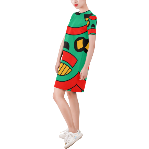 African Scary Tribal Short-Sleeve Round Neck A-Line Dress (Model D47)