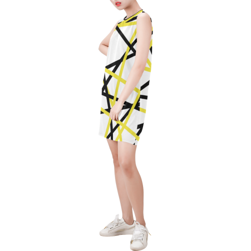 Black and yellow stripes Sleeveless Round Neck Shift Dress (Model D51)