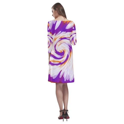 Purple Orange Tie Dye Swirl Abstract Rhea Loose Round Neck Dress(Model D22)
