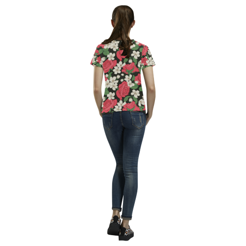 Pink, White and Black Floral All Over Print T-shirt for Women/Large Size (USA Size) (Model T40)