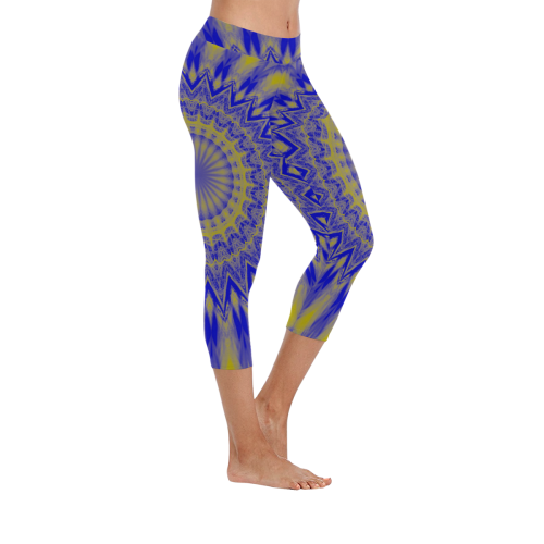 Blue and Gold mandala Women's Low Rise Capri Leggings (Invisible Stitch) (Model L08)