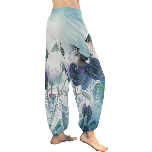 Cute birds with blue flowers Women's All Over Print Harem Pants (Model L18)