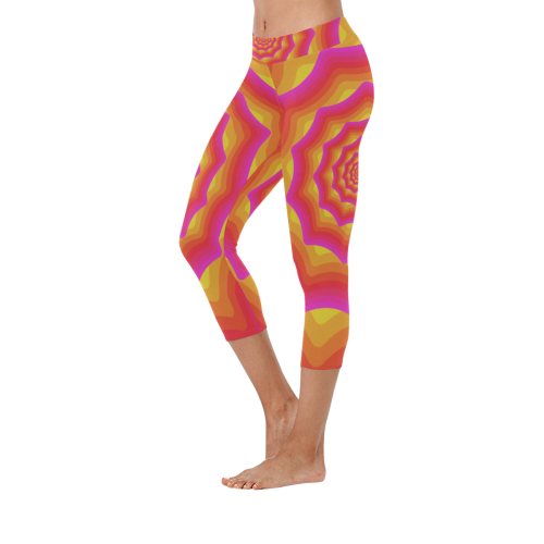 Yellow pink spiral Women's Low Rise Capri Leggings (Invisible Stitch) (Model L08)