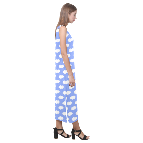 Clouds and Polka Dots on Blue Phaedra Sleeveless Open Fork Long Dress (Model D08)
