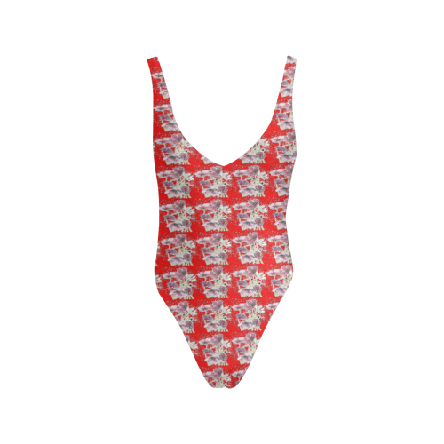 Red Swimming Costume With Pansies Sexy Low Back One-Piece Swimsuit (Model S09)