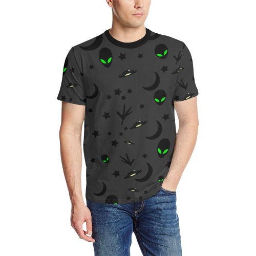 Alien Flying Saucers Stars Pattern Charcoal Men's All Over Print T-Shirt (Solid Color Neck) (Model T63)