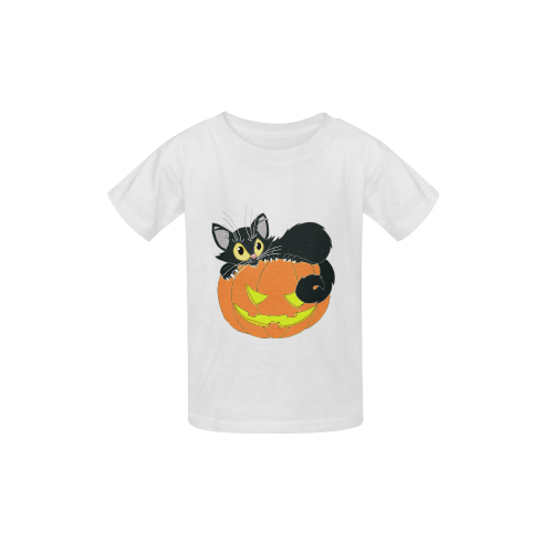 Halloween Black Cat And Pumpkin White Kid's  Classic T-shirt (Model T22)