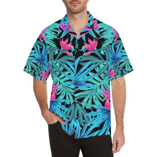 Tropical Aqua And Pink Leaves Hawaiian Shirt (Model T58)