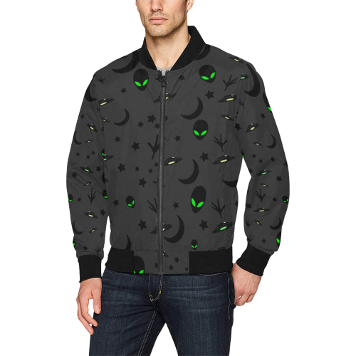 Alien Flying Saucers Stars Pattern on Charcoal All Over Print Bomber Jacket for Men (Model H31)