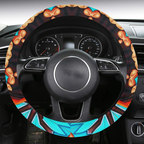 K172 Wood and Turquoise Abstract Steering Wheel Cover with Anti-Slip Insert