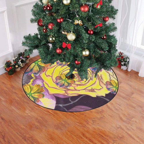 Watercolor Flowers Yellow Purple Green Christmas Tree Skirt 47" x 47"
