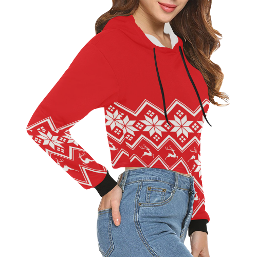 Christmas Reindeer Snowflake Red All Over Print Crop Hoodie for Women (Model H22)