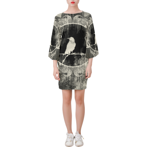 The crow with flowers, vintage design Bell Sleeve Dress (Model D52)