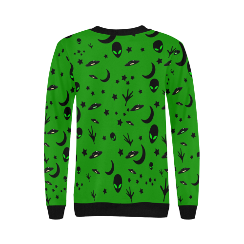 Alien Flying Saucers Stars Pattern on Green Women's Rib Cuff Crew Neck Sweatshirt (Model H34)