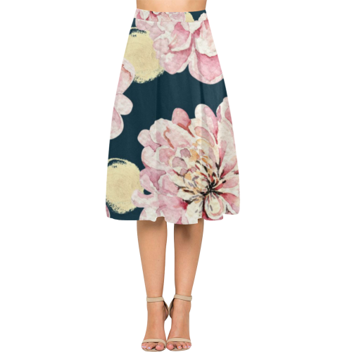 Watercolor Flowers Pink Teal Yellow Aoede Crepe Skirt (Model D16)
