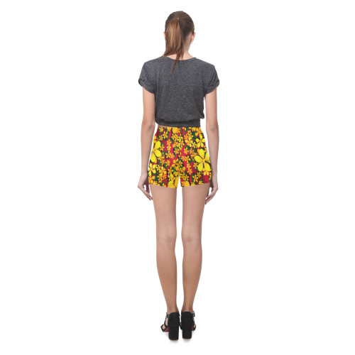 Pretty Orange & Yellow Flowers on Red Briseis Skinny Shorts (Model L04)
