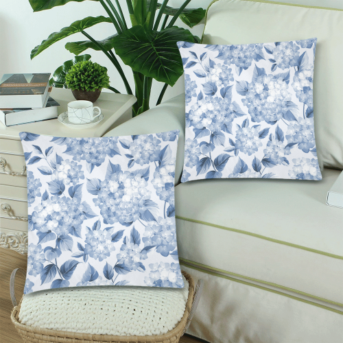 Blue and White Floral Pattern Custom Zippered Pillow Cases 18"x 18" (Twin Sides) (Set of 2)