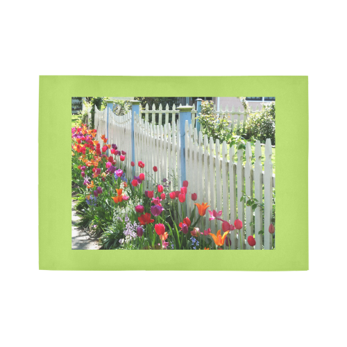 Tulips Garden Along White Picket Fence Floral Photography Light Green Border area rug Area Rug7'x5'