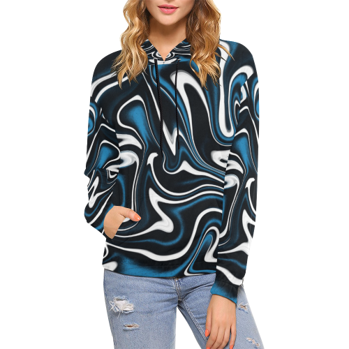 Blue, Black and White Estonia Swirls All Over Print Hoodie for Women (USA Size) (Model H13)