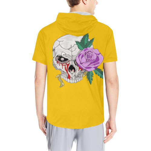 Skull Rose Pink Yellow All Over Print Short Sleeve Hoodie for Men (Model H32)