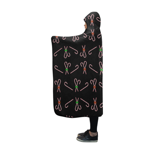 Christmas Candy Canes with Bows Black Hooded Blanket 60''x50''