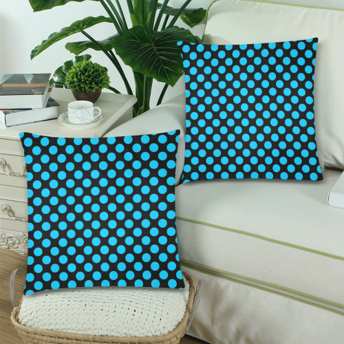 Blue Polka Dots on Black Custom Zippered Pillow Cases 18"x 18" (Twin Sides) (Set of 2)