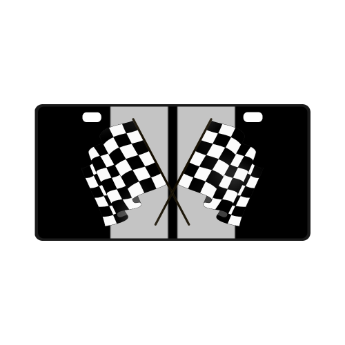 Checkered Flags, Race Car Stripe, Black and Silver License Plate