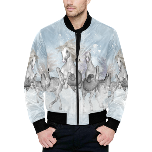 Awesome white wild horses All Over Print Quilted Bomber Jacket for Men (Model H33)