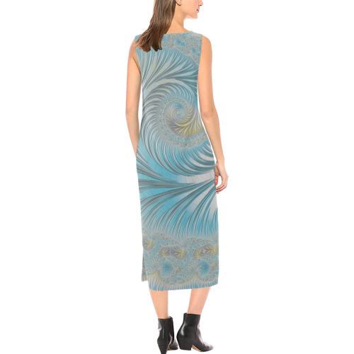 Blue Skies Soft Spring Breeze Fractal Abstract Phaedra Sleeveless Open Fork Long Dress (Model D08)