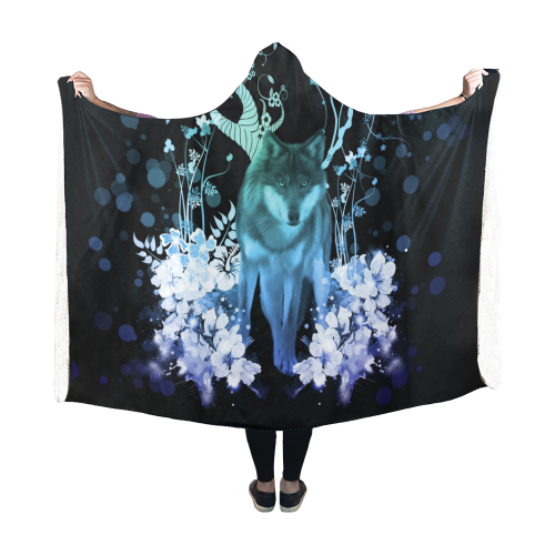 Awesome wolf with flowers Hooded Blanket 60''x50''