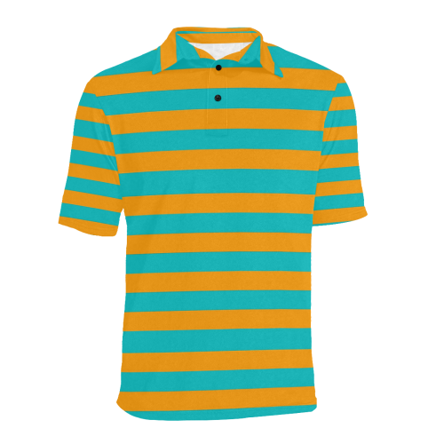 Orange Aqua Stripes Men's All Over Print Polo Shirt (Model T55)