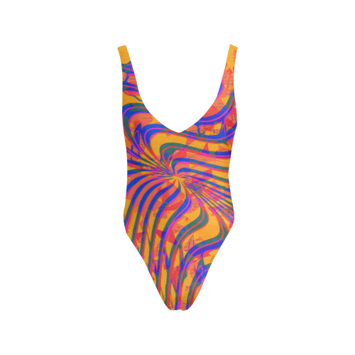 Blue and Orange 90s Abstract Sexy Low Back One-Piece Swimsuit (Model S09)