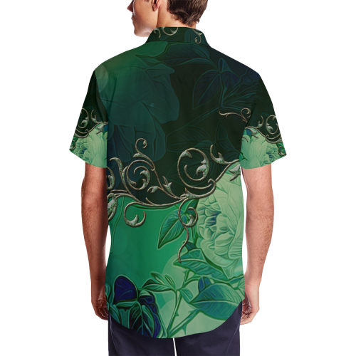 Green floral design Men's Short Sleeve Shirt with Lapel Collar (Model T54)