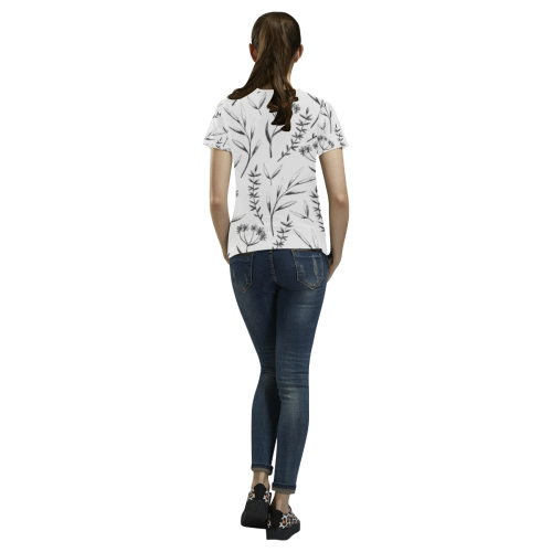 black white flowers All Over Print T-shirt for Women/Large Size (USA Size) (Model T40)