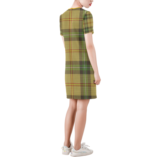 Saskatchewan tartan Short-Sleeve Round Neck A-Line Dress (Model D47)