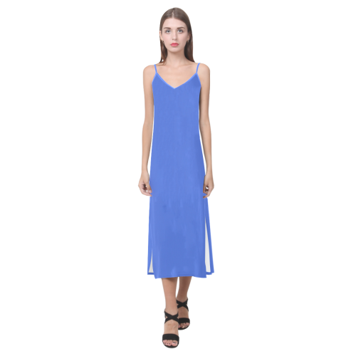 color royal blue V-Neck Open Fork Long Dress(Model D18)
